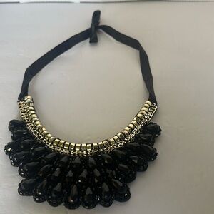 Statement Black Beaded Bib Necklace - Gold Chain Accent - Adjustable Ribbon Tie